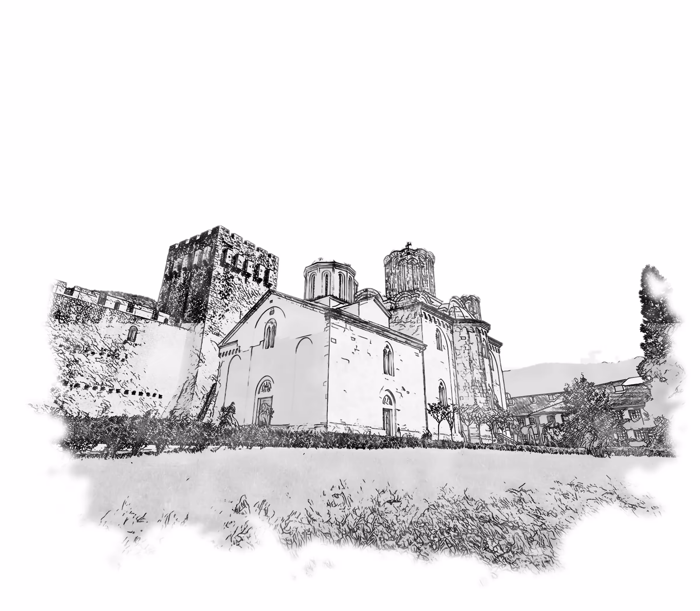 The monastery grounds of Manasija - ramparts, the Despot's Tower, the Church of the Holy Trinity and the monastic lodgings, engraving