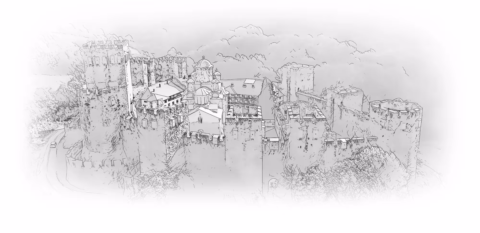 Manasija from the air - the fortress with its towers, the Church of the Holy Trinity and the monastic lodgings, engraving
